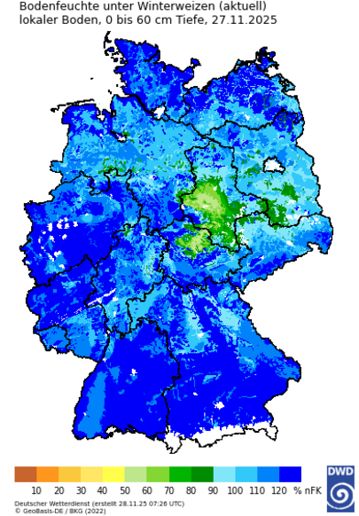 Nutzbare Feldkapazität unter Winterweizen in der Bodenschicht von 0-60 cm