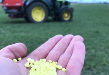 Hand mit ALZON neo-N vor Düngerstreuer