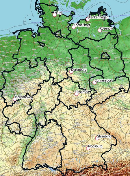 Abb. 2: Standorte der Winterraps-Versuche zur Stickstoff-Schwefel-Düngung mit Feststoff-Düngern im Jahr 2023