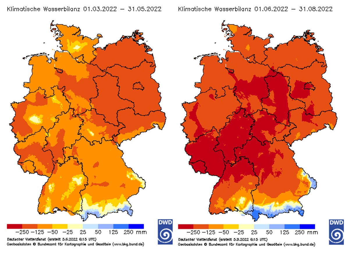 Abbildung 1: Abweichung der klimatischen Wasserbilanz im Frühjahr und Sommer im Vergleich zum klimatologischen Mittel 1961-1990 in mm