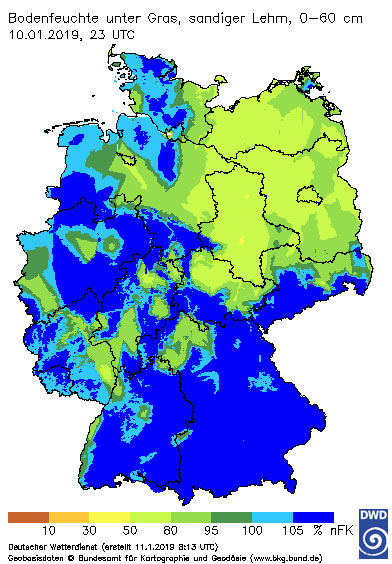 Nutzbare Feldkapazität (nFK) liegt wieder bei über 100 Prozent. Nutzbare Feldkapazität (nFK) liegt wieder bei über 100 Prozent.